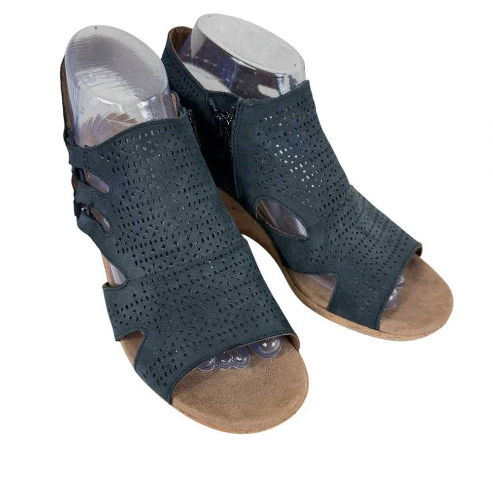 Rockport Cobb Hill Jana Leather‎ Gray Perforated Cork Wedge Sandals Women's Sz 8